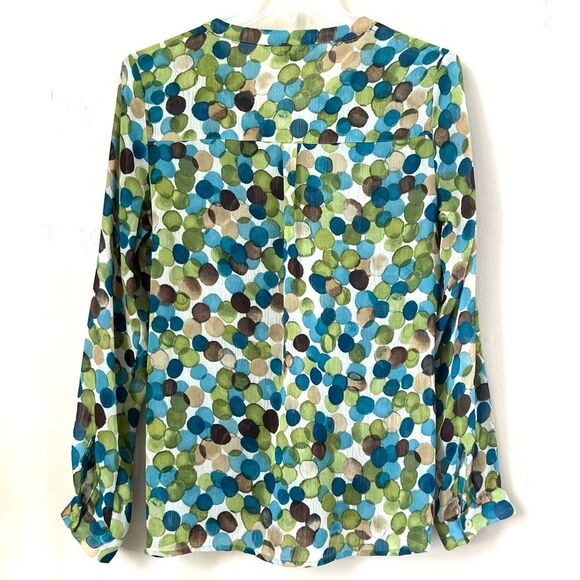 Zac & Rachel Button Tie Bottom Long Sleeve Blue Green Polka Dot Blouse SZ S - Picture 5 of 12